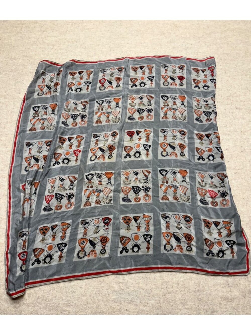 Vintage Vera Newman Knights Heraldry Middle Ages Grey Square Scarf